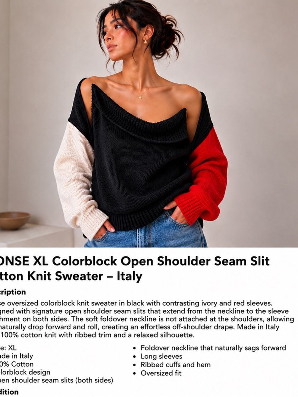 MONSE XL Colorblock Cotton Knit Sweater Open Shoulder Seam Slit Italy